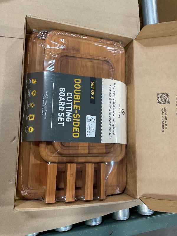 Photo 1 of 3 Packs Bamboo Cutting Board Set with Holder Nice Solid Thick Wood Deep Juice Groove & Built-in Handles Chopping Board Large Big Small Best Hardwood Kitchen Counter Organic Vegetable Meat BBQ Kit