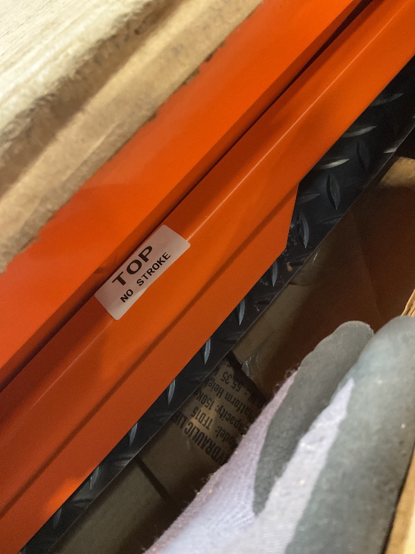 Photo 1 of **DIRT**VEVOR Hydraulic Lift Table Cart, 330lbs Load Capacity 50 Inch Lifting Height, Manual Single Scissor Lift Table with Non-Slip Pad and 4 Wheels, Hydraulic Scissor Cart for Material Handling, Orange