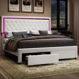 Photo 1 of **COLOR IS BEIGECRAPE ON CORNER. CHARGING CORD BROKEN****Merluxy Full Size Bed Frame with LED Lights&Storage Drawers,Velvet Upholstered Platform Bed,No Box Spring Needed,White