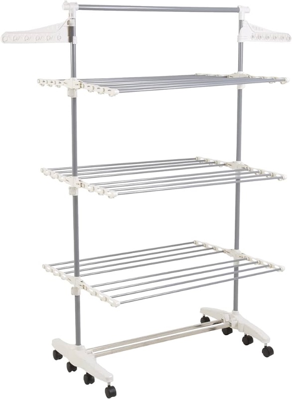 Photo 1 of ***STOCK PHOTO FOR REFERENCE ONLY - SEE PICTURES - NO PACKAGING***
Heavy Duty 3 Tier Laundry Rack- Stainless Steel Clothing Shelf for Indoor/Outdoor Use with Tall Bar Best Used for Shirts Towels Shoes- Everyday Home