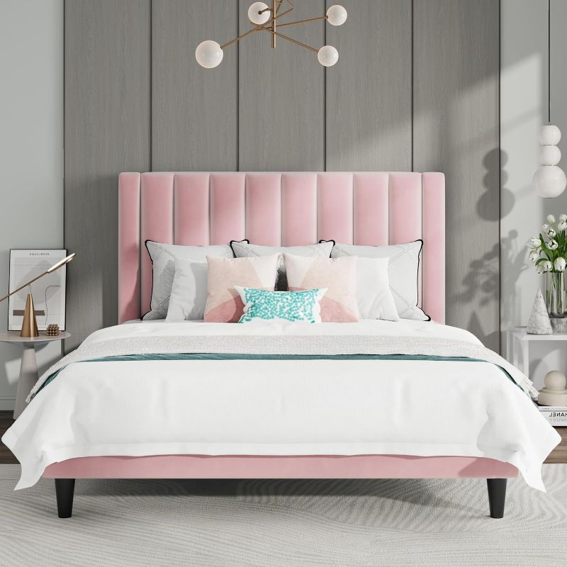 Photo 1 of ***STOCK PHOTO REFERENCE ONLY***
Full Bed Frame/Velvet Upholstered Platform Bed Frame with Headboard/Strong Wood Slats Support/Mattress Foundation/No Box Spring Needed - Pink