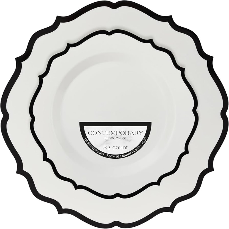 Photo 1 of ** A COUPLE SMALL PLATES ARE CRACKED**
PLASTICPRO 32 Pack Elegant Disposable Plastic Plates Combo Set Includes 16 Dinner Plates and 16 Salad Plates Heavy Duty Fancy Party Plates White & Black Contemporary Design