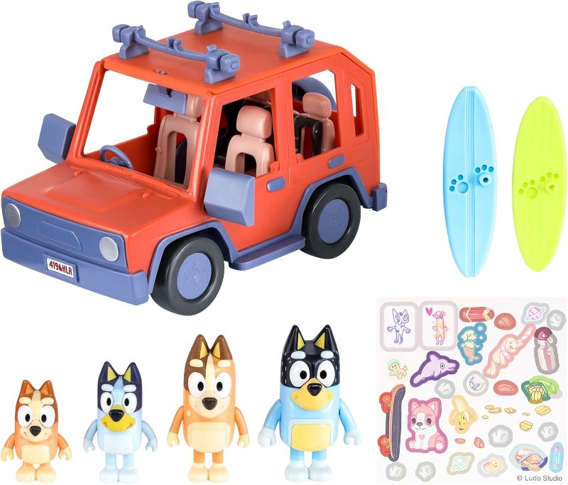 Photo 1 of 
Bluey Heeler Family 4WD Vehicle and 4 Figure Pack, 2.5-3 Inch Figures, 2 Surfboards Accessories and Stickers | Amazon Exclusive