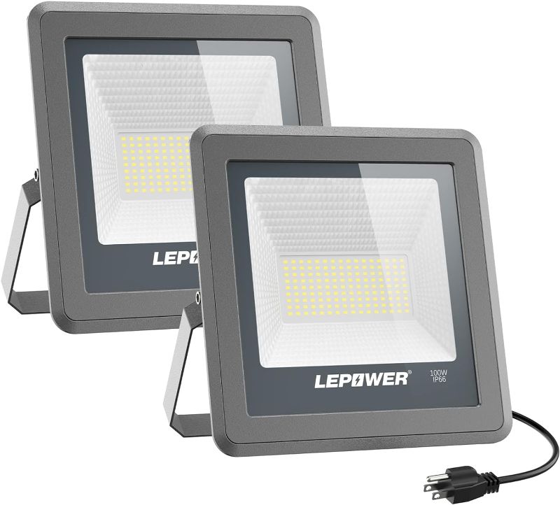 Photo 1 of 
LEPOWER 100W LED Flood Light, 10000lm Work Light with Plug, Equiv 500W Halogen, 6000K White Light, IP66 Waterproof Outdoor Floodlight for Garage