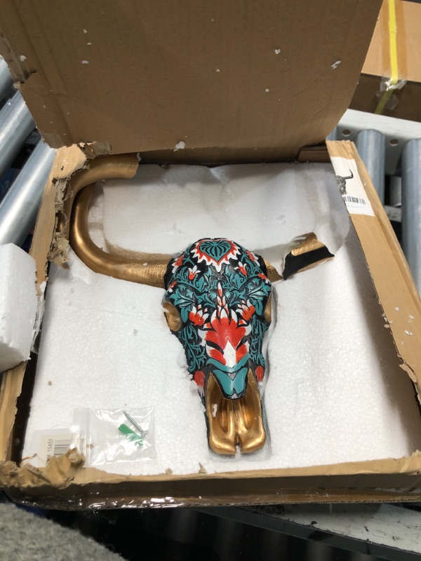 Photo 2 of ***DAMAGED ITEM***Wowser Vibrant Turquoise Cow Skull with Gold Toned Horns, Tribal Wall Décor, Animal Art, 13 inches