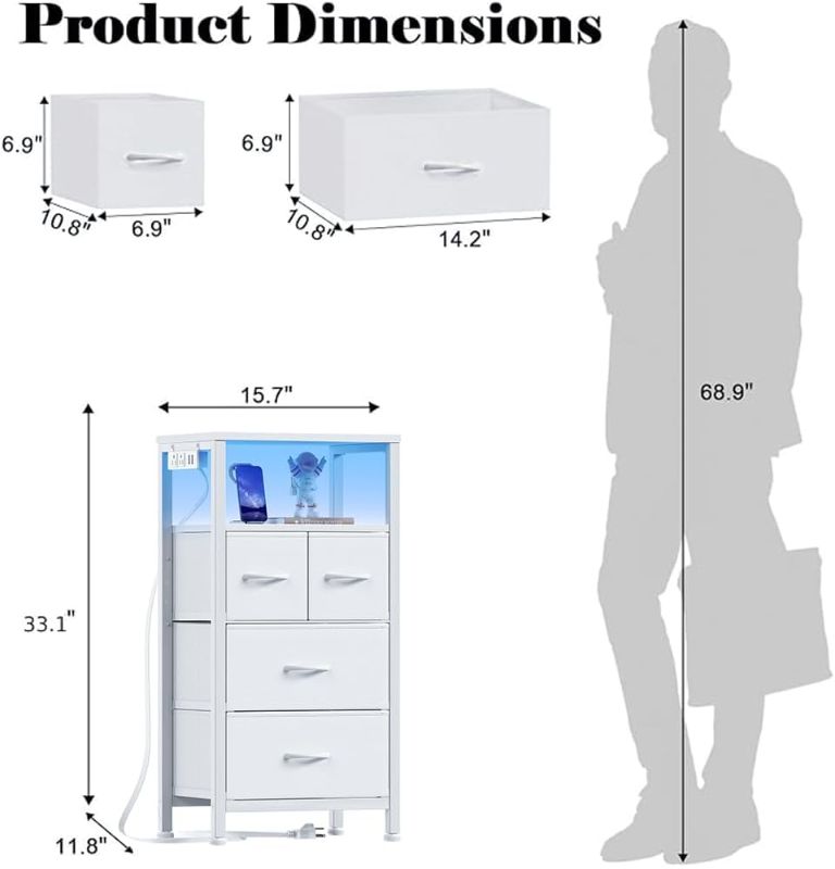 Photo 3 of (CLOTH DRAWERS) Furnulem White Nightstand with 4 Storage Drawer