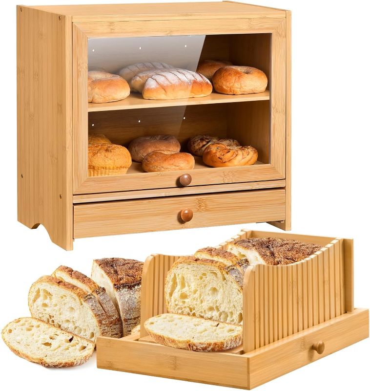 Photo 1 of  Bamboo Bread Box with Bread Slicer, - NATURAL AND BLACK