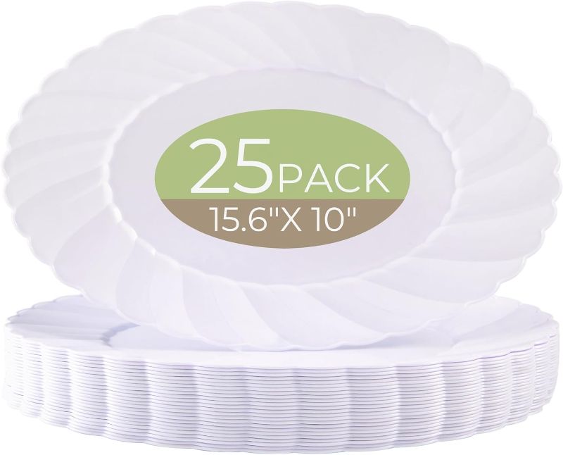 Photo 1 of (OVAL) U-QE 25 Count Oval White Plastic Plates for Party - 13.4inch Large Plates Heavy Duty - Oval Plastic Plates Disposable - Large Fancy Plastic Plates for Party, BBQ, Picnic and Weddings