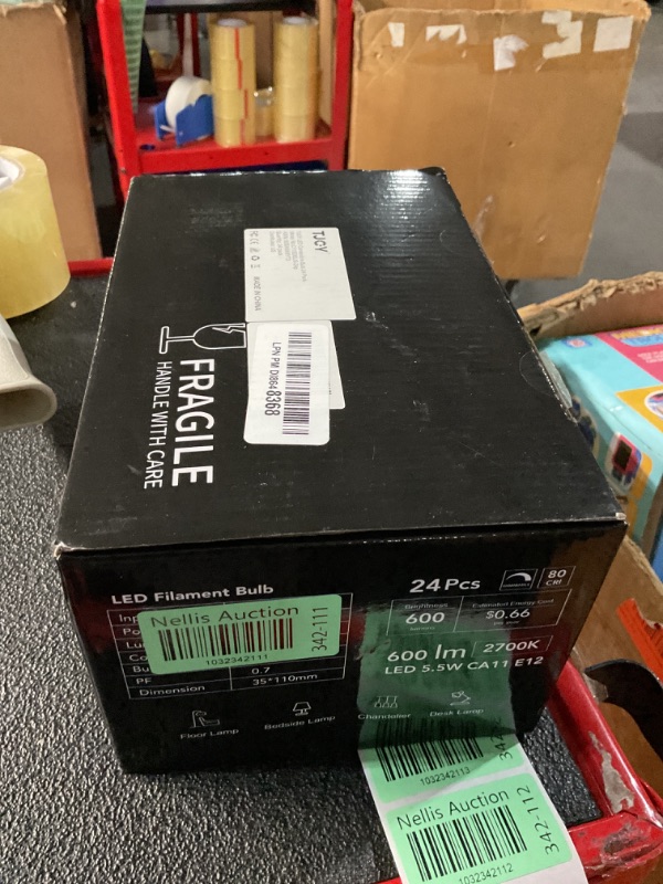 Photo 1 of TJOY LED Candelabra Bulb Dimmable, 60W Equivalent LED Chandelier Light Bulbs, 5.5W 2700K Warm White 600LM CA11 Flame Tip Vintage LED Filament Candle Bulb with Decorative E12 Candelabra Base, 24 Pack