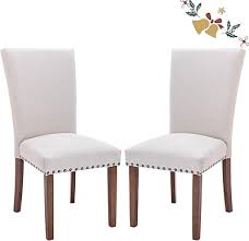 Photo 1 of 
COLAMY Upholstered Parsons Dining Chairs Set of 2, Fabric Dining Room Kitchen Side Chair with Nailhead Trim and Wood Legs - Beige