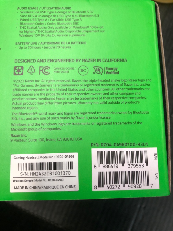 Photo 2 of **MISSING CABLES**Razer BlackShark V2 HyperSpeed Wireless Gaming Headset: 280g Lightweight - THX Spatial Audio - Bendable Mic - 50mm Drivers - 2.4GHz, Bluetooth or USB - 70 Hr Battery w/USB Type C Charging - Black