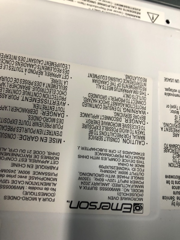 Photo 3 of ***NONREFUNDABLE - DAMAGED - SEE COMMENTS***
Emerson MW9005SS Compact Countertop Microwave Oven with Button Control, LED Display, 900W 5 Power Levels, 6 Auto Menus, Glass Turntable and Child Safe Lock, 0.9 Cu. Ft, Stainless Steel