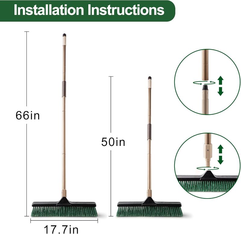 Photo 2 of (USED/MISSING PARTS) Eyliden Heavy Duty Push Broom 18" - Garage Sweeper Shop Brooms with 66" Long Handle, Outdoor Stiff Bristles Concrete Push Broom for Sidewalk Driveway Yard Patio Deck Warehouse Sweeping, Sweep Snow