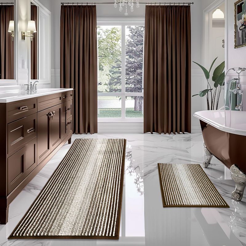 Photo 1 of (BAGGED) BSICPRO Bathroom Rugs and Mats Sets, 2 Piece Thick Absorbent Chenille Bath Mat Rug Set Non Slip, Soft Shaggy Bath Room Floor Mats for Bathroom, Machine Washable (Brown, 20" x 47" Plus 16" x 24")