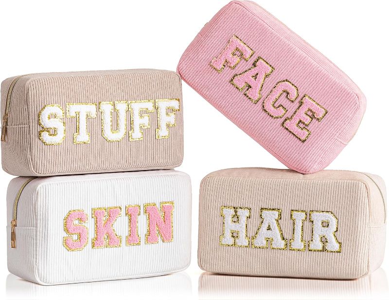 Photo 1 of ***STOCK PHOTO REFERENCE ONLY***HBselect 4 Pcs Preppy Makeup Bags Chenille Letter Patch Makeup Bag Face Skin Hair Stuff Travel Bags for Women Corduroy Cosmetic Bag Organizer Make up Bag for Women Girls