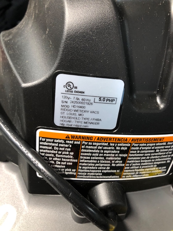 Photo 8 of ***USED - LIKELY MISSING PARTS - UNABLE TO TEST - SEE PICTURES***
16 Gallon 5.0 Peak HP NXT Shop Vac Wet Dry Vacuum with General Debris Filter, Locking Hose and Accessory Attachments
