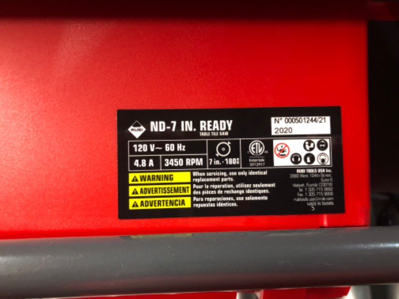 Photo 10 of ***USED - DAMAGED - SEE PICTURES - UNABLE TO TEST***
Rubi ND-7" READY 4.8-Amp 7 in. blade corded wet tile saw