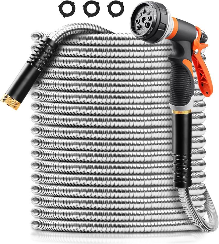 Photo 1 of ***STOCK PHOTO REFERENCE ONLY***Metal Garden Hose 100FT, Stainless Steel Water Hose with Nozzle, Garden Hose Flexible, Lightweight, Puncture Proof, Never Kink & Tangle, Heavy Duty Garden Hose for Yard and Outdoor