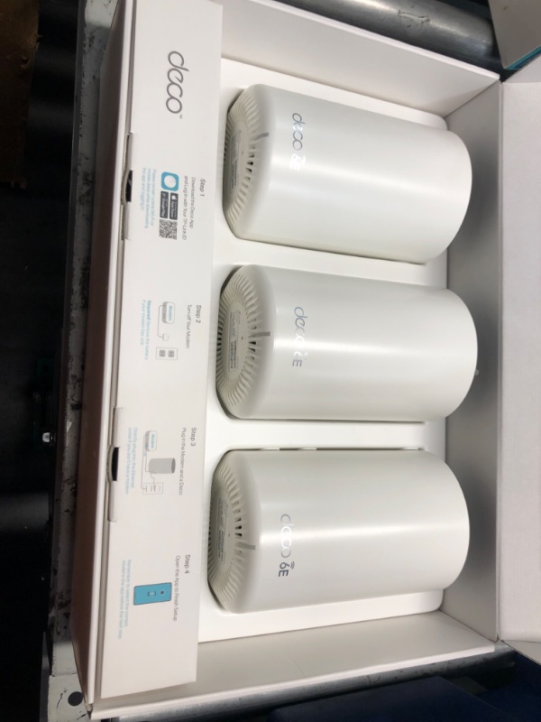 Photo 1 of TP-Link Deco AXE5400 Tri-Band WiFi 6E Mesh System – Wi-Fi up to 7200 Sq.Ft, Engadget Rated Best Mesh For Most People, Replaces WiFi Router and Extender, AI-Driven Mesh New 6GHz Band, 3-Pack(Deco XE75)