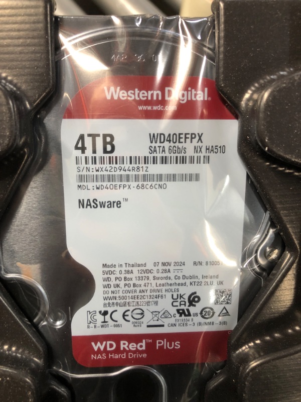 Photo 3 of ***FACTORY SEALED*** Western Digital 4TB WD Red Plus NAS Internal Hard Drive HDD - 5400 RPM, SATA 6 Gb/s, CMR, 256 MB Cache, 3.5" -WD40EFPX