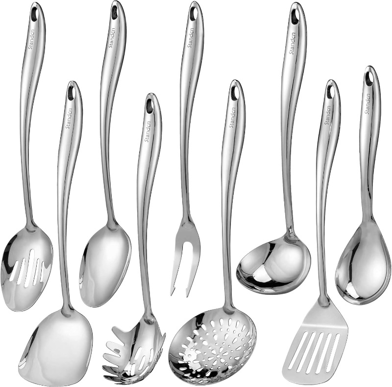 Photo 1 of 304 Stainless Steel Kitchen Utensil Set - 9 PCS Serving Utensils, Cooking Utensil, Solid Spoon, Slotted Spoon, Fork, Spatula, Ladle, Skimmer Spoon, Slotted Spatula Tunner, Spaghetti Spoon, Large Spoon