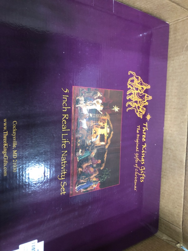 Photo 1 of Three Kings Gifts Nativity Set for Christmas Indoor 23 Piece 5 Inch Figures with Lighted Stable, Palm Tree and Chests of Gold, Frankincense and Myrrh
