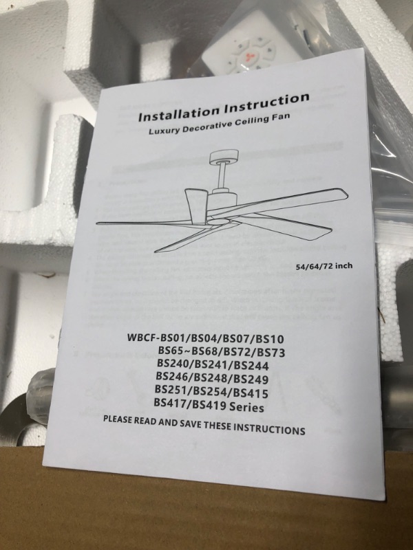 Photo 1 of ***USED - LIKELY MISSING PARTS - UNABLE TO TEST - SEE PICTURES***
WINGBO 72 Inch DC Ceiling Fan No Light with 3 Downrods, 5 Reversible Carved Solid Wood Blades, 6-Speed Noiseless DC Motor, Large Ceiling Fan without Lights in Brushed Nickel Finish with Gra