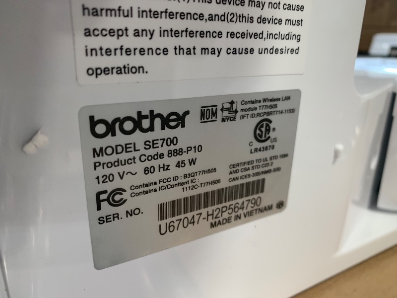 Photo 1 of Brother SE700 Sewing and Embroidery Machine, Wireless LAN Connected, 135 Built-in Designs, 103 Built-in Stitches, Computerized, 4" x 4" Hoop Area, 3.7" Touchscreen Display, 8 Included Feet, White