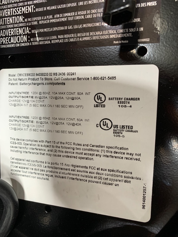 Photo 3 of **SEE CLERK COMMENTS**
CRAFTSMAN 2-in1 Wheeled Battery Charger and Engine Starter, CMXCESM233 - Manual Timer-Controlled, 250 Cranking Amps, 6/12 Volt for Car, SUV, Truck, and Boat Batteries