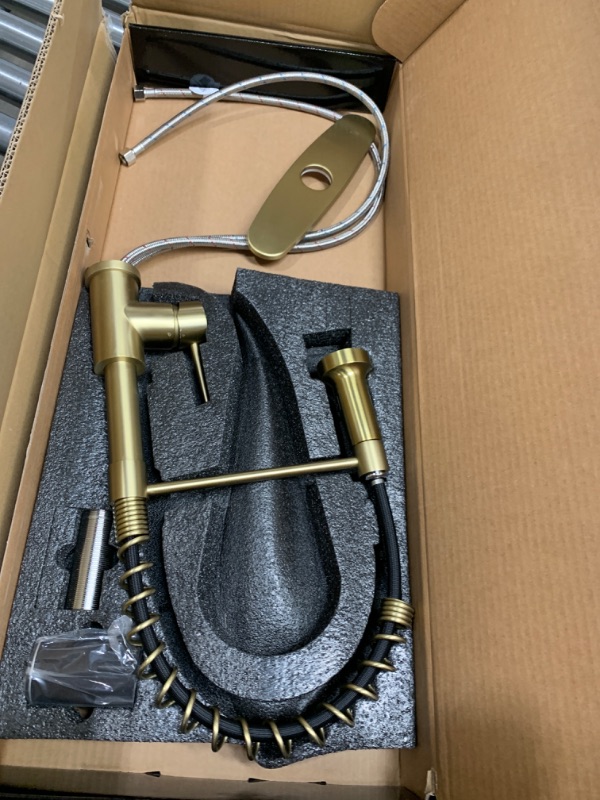 Photo 2 of ***USED - LIKELY MISSING PARTS - UNABLE TO TEST - SEE PICTURES***
WEWE Brushed Gold Kitchen Faucet with Pull Down Sprayer, RV Brass Kitchen Faucet Stainless Steel Single Handle Spring Faucet with Deck Plate for Farmhouse Utility bar Laundry Sinks