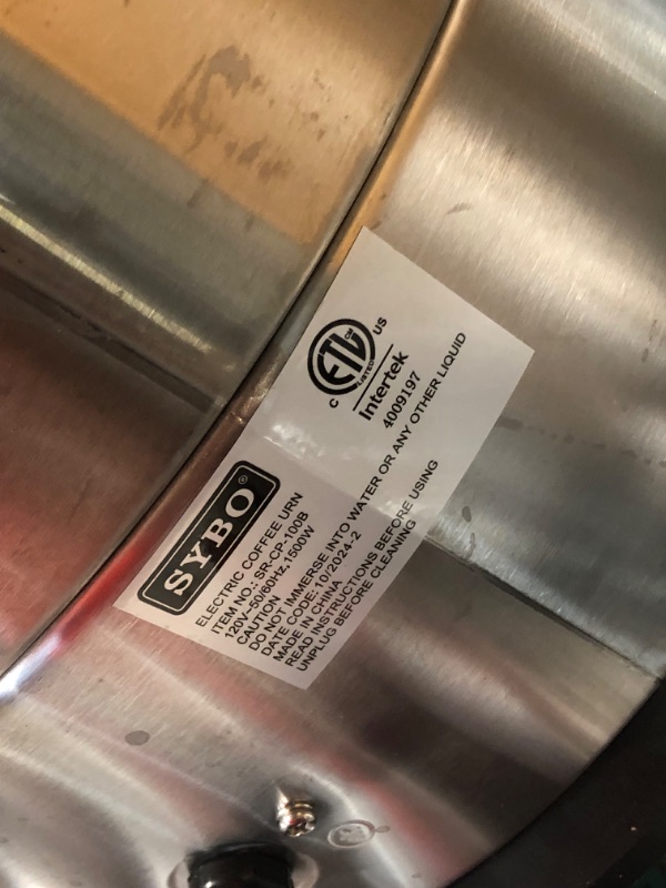 Photo 5 of ***HEAVILY USED AND DIRTY - SEE PICTURES - UNABLE TO TEST***
SYBO SR-CP-100B Commercial Grade Stainless Steel Percolate Coffee Maker Hot Water Urn for Catering, 100-Cup 16 L, Metallic