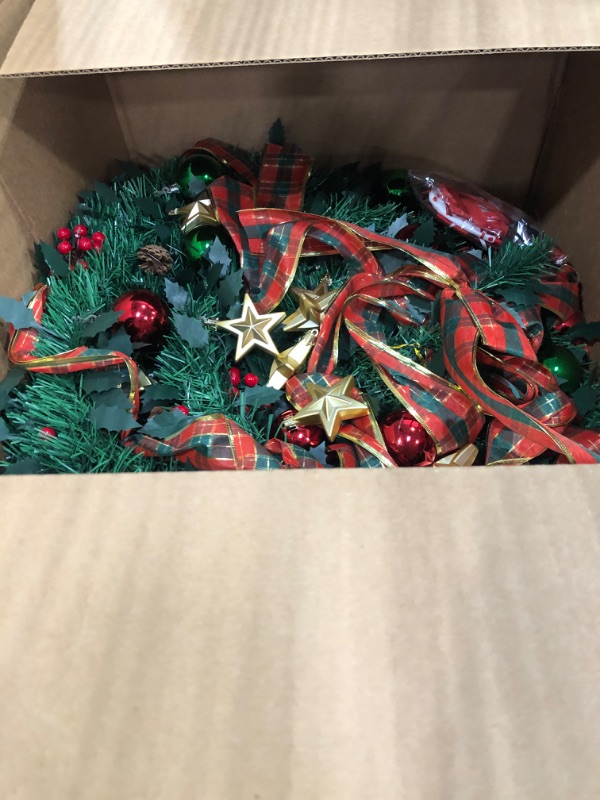 Photo 1 of 6Ft Pop up Christmas Tree with Remote Control, Pre Lit Christmas Tree with Lights, Ornaments, Ribbon, Flowers, Crocus, Pine Cone, Easy Assemble Collapsible Christmas Tree Decor for Outdoor Indoor