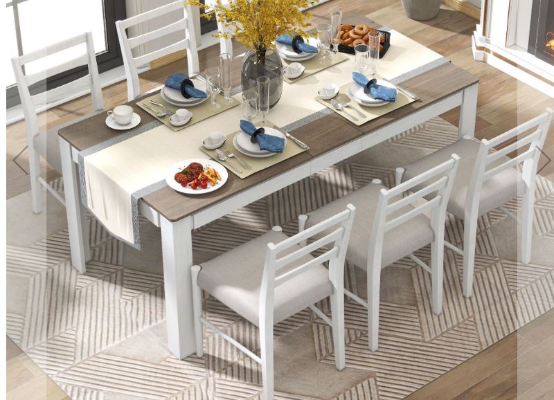 Photo 1 of *ONLY CHAIR** 7Pc Wooden Dining Table Set Mutifunctional Extendable Table w/ 12” Leaf (Brown + White) 