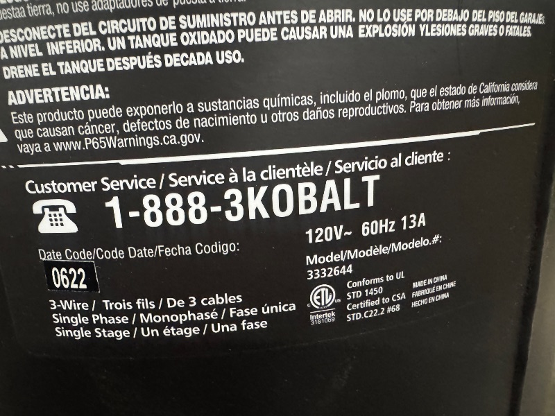 Photo 4 of *UNTESTED** Kobalt QUIET TECH 26-Gallon Portable Electric 150 PSI Vertical Air Compressor
