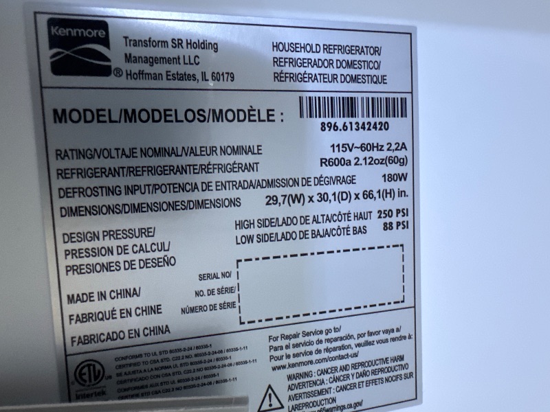 Photo 4 of *POWERS ON** Kenmore 4661342 30" W Top Freezer Refrigerator with Adjustable Glass Shelving, Humidity Control Crispers, Quiet and Energy Efficient Inverter Compressor, White
