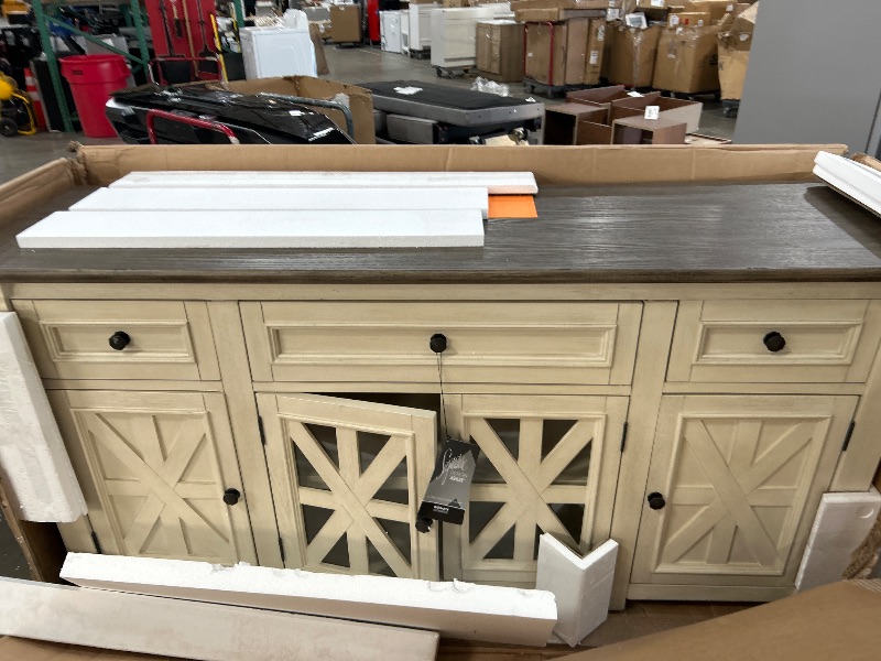 Photo 2 of **** UNKNOWN TO ANY DAMAGES ON. BACK. OR MISSING PARTS **** *** Signature Design by Ashley Bolanburg Traditional 73" TV Stand for TVs up to 83" with Adjustable Shelves, Drawers, Cabinets and Cord Openings, White & Gray