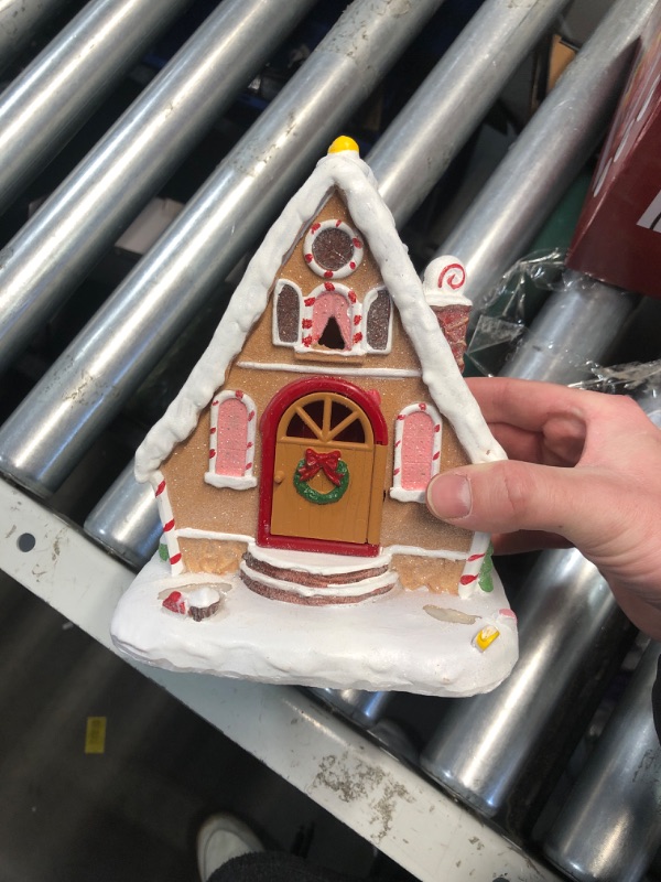 Photo 2 of (MISSING POWER CORD) YQQY 7" H Christmas Gingerbread House - Warm LED Lights, Animated Candy Man, Handpainted Resin Village, Battery Operate Figurine Building for Indoor Home Tabletop Decor