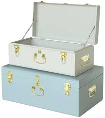 Photo 1 of * MINOR DAMAGE* VIXDONOS DECORATIVE LARGE METAL BOX STORAGE TRUNK CHEST SET OF 2 COLLEGE DORM ORGANIZER WITH HARDWARE HASPS AND HANDLE FOR HOME DEOCR,23.7X14.2X9.5 INCHES(WHITE AND BLUE)
