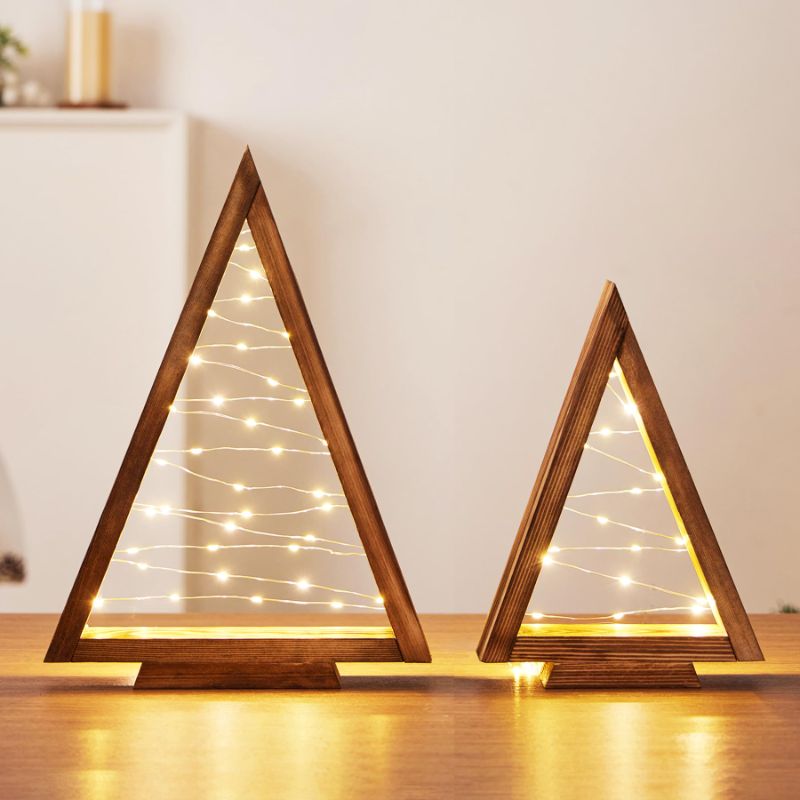 Photo 1 of * MINOR DAMAGES* MOKOF 2 PACK WOOD TABLETOP CHRISTMAS TREES WITH LIGHTS, CHRISTMAS DECORATIONS INDOOR, MODERN FARMHOUSE CHRISTMAS DECOR SMALL TREES FOR TABLE, MANTLE, SHELF (13.4" AND 10" TALL)
