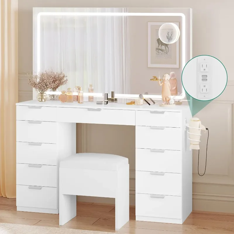 Photo 1 of * DAMAGED MISSING HARDWARE* YITAHOME Vanity Desk Set with Large LED Lighted Mirror & Power Outlet, Makeup Vanity with 11 Drawers and Magnifying Glass, 46'' Vanity with Storage Bench for Bedroom, White
