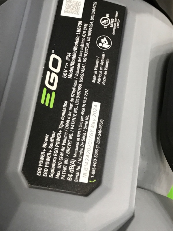 Photo 2 of *MISSING CHARGER*  UNIT STAYS ON WHEN BATTERY IS IN* EGO POWER+ 56-volt 670-CFM 180-MPH Battery Handheld Leaf Blower 4 Ah (Battery Included)
