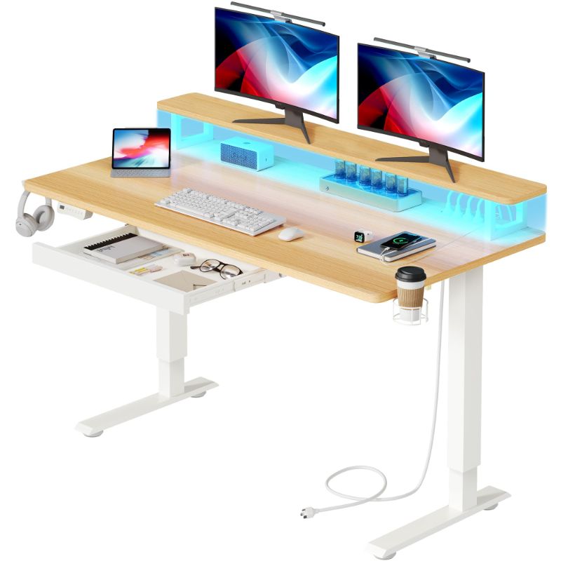 Photo 1 of * DAMAGED MISSING PARTS* YITAHOME Electric Standing Desk with Drawer, 55" Standing Desk Adjustable Height Sit Stand Up Desk with Power Outlets & LED Lights, Home Office Desk with Memory Preset, Light Walnut