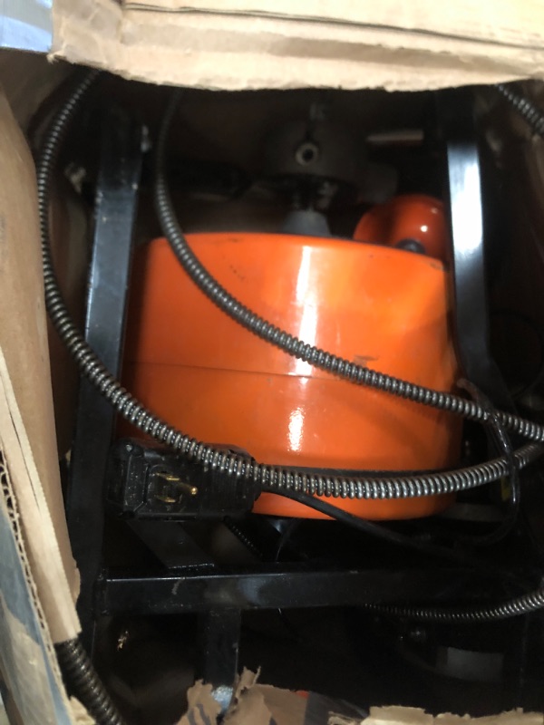 Photo 2 of * UNTESTED* VEVOR 100 FT x 1/2 Inch Drain Cleaner Machine Sewer Auger Auto Feed with 4 Cutter Air-Activated Foot Switch for 2" to 4" Pipes, Orange, Black