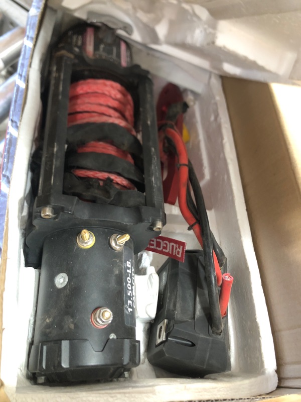 Photo 2 of * DAMAGED MISSING PARTS* GRIPWAY 13500lb Waterproof Electric Red Synthetic Rope Winch with Hawse Fairlead, Infrared Remote Control and Wired Control