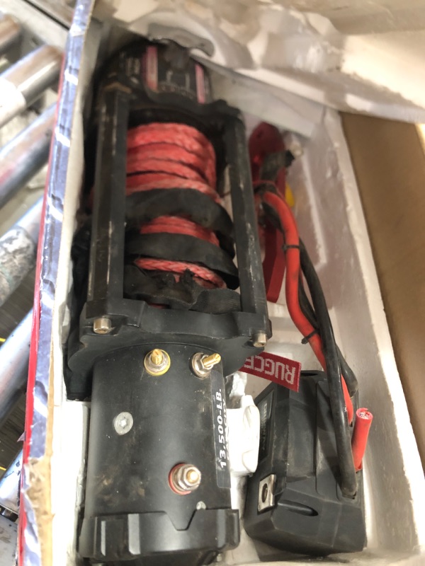 Photo 3 of * DAMAGED MISSING PARTS* GRIPWAY 13500lb Waterproof Electric Red Synthetic Rope Winch with Hawse Fairlead, Infrared Remote Control and Wired Control