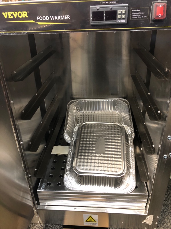 Photo 1 of ***SEE NOTES***VEVOR Hot Box Food Warmer, 19"x19"x29" Concession Warmer with Water Tray, Five Disposable Catering Pans, Countertop Pizza, Patty, Pastry, Empanada, Concession Hot Food Holding Case, 110V, Silver