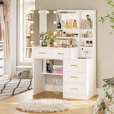 Photo 1 of * MISSING MIRROR* Vanity Desk with Sliding Mirror and Lights, Makeup Vanity with Lights and Charging Station, Makeup Desk with 5 Drawers, Modern Vanity Table with Hidden and Open Storage Shelves, White
