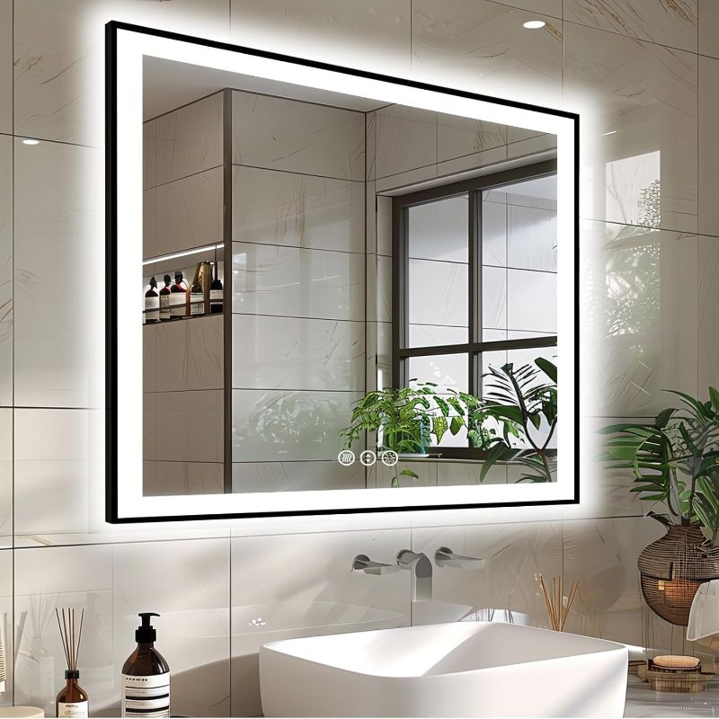 Photo 1 of 38x38 Square LED Bathroom Mirror for Wall, Black (Metal, Aluminum) Framed, Front Light and Backlit, 3 Colors and Dimmable Vanity Mirror, Anti-Fog, Shatter-Proof, Memory (Horizontal/Vertical)
