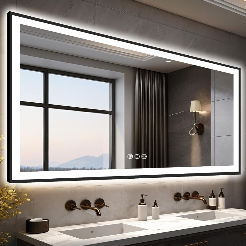 Photo 1 of 38x38 Square LED Bathroom Mirror for Wall, Black (Metal, Aluminum) Framed, Front Light and Backlit, 3 Colors and Dimmable Vanity Mirror, Anti-Fog, Shatter-Proof, Memory (Horizontal/Vertical)
