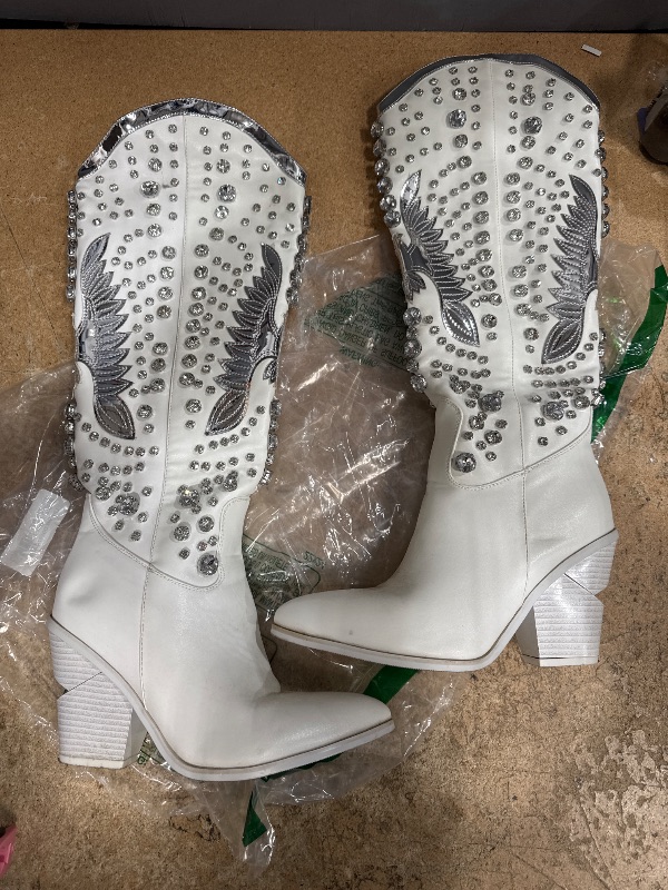 Photo 1 of WIRALOMI Rhinestone Cowboy Boots for Women Eagle Parttern Cowgirl Boots Chunky Heel Knee High Western Long Boots